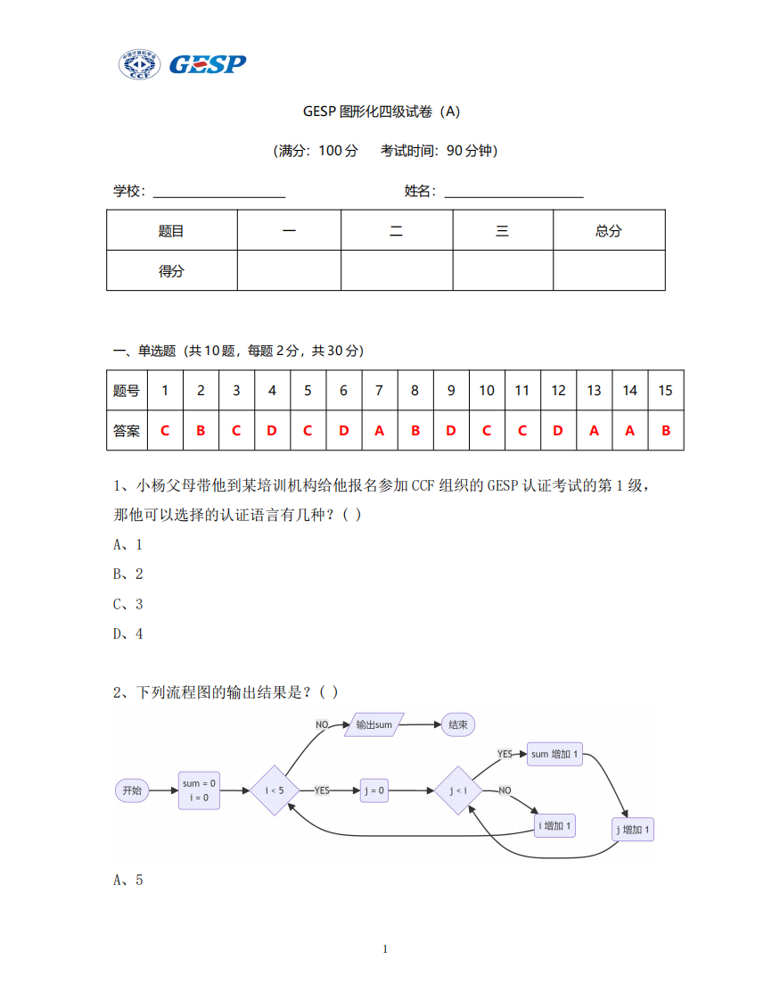 2024年6月GESP认证图形化编程四级真题试卷及答案 第1页