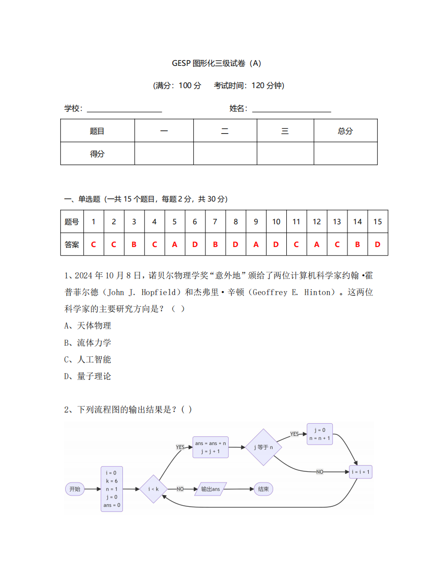 GESP 2024年12月认证 图形化编程 3级真题 第1页